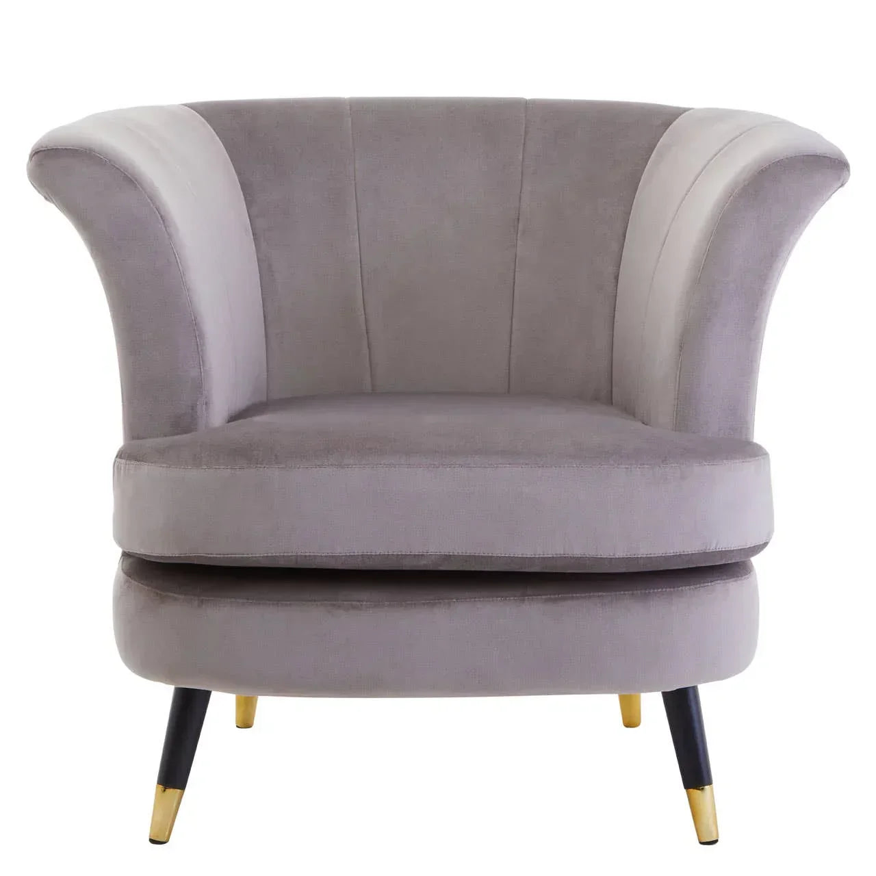 Grey velvet accent chair with flared arms and black legs with gold tips, front view