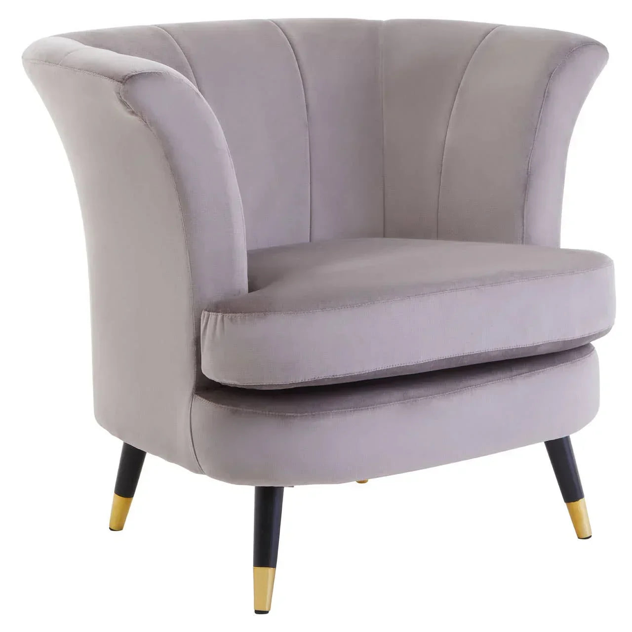 Grey velvet accent chair with curved back and gold-tipped black legs