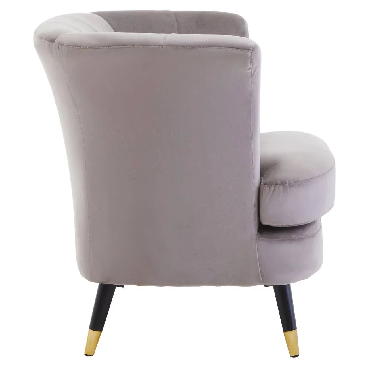 Grey velvet accent chair rear view with black and gold legs