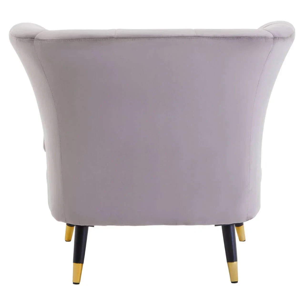 Back view of grey accent armchair with flared sides and gold-tipped black legs