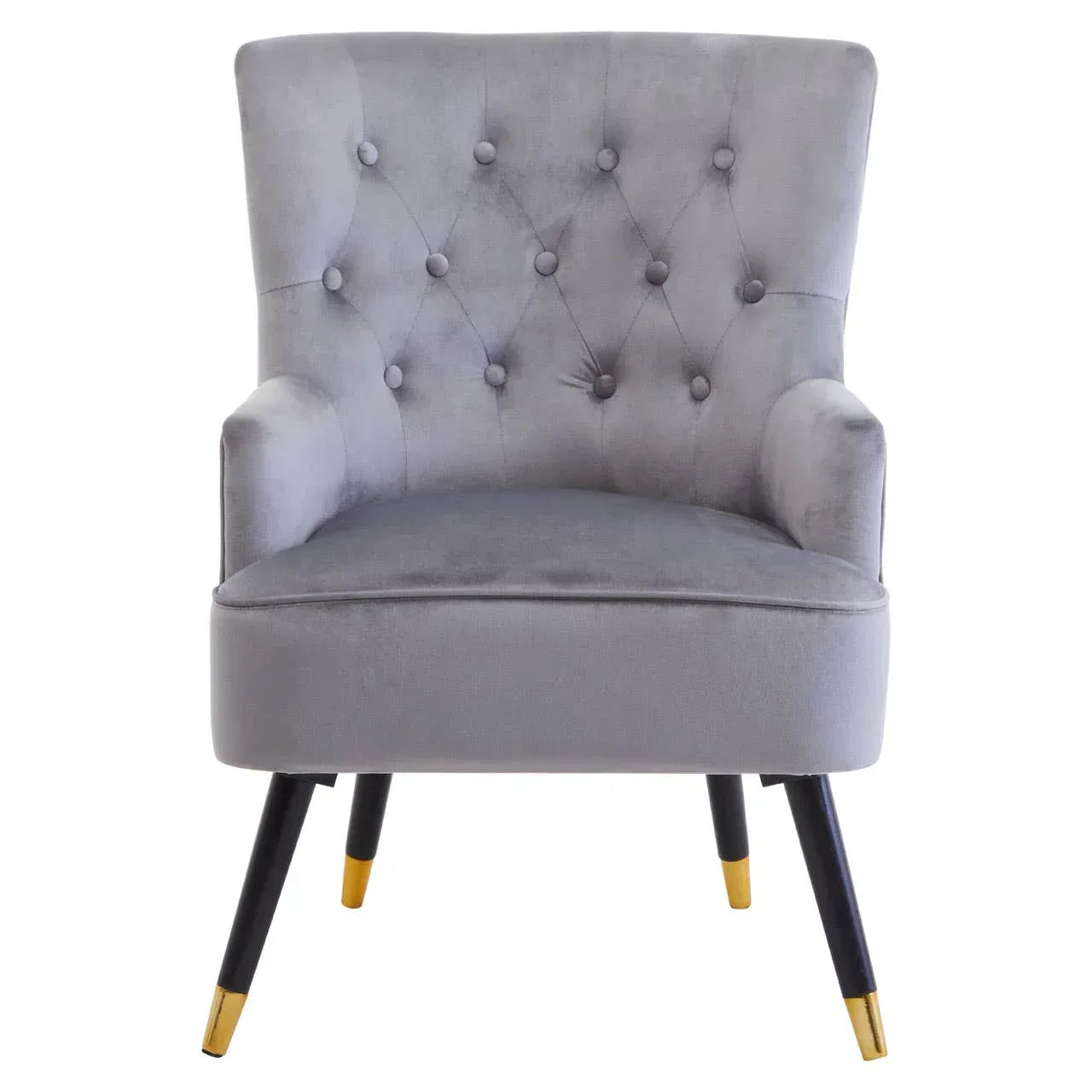 Grey velvet accent chair with button-tufted backrest and gold-tipped black legs, front view