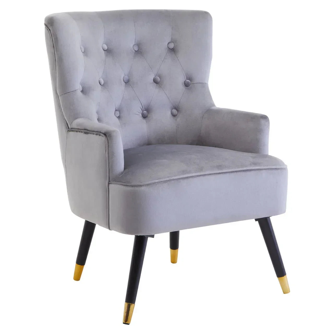 Grey velvet accent chair with tufted backrest and gold-tipped black legs