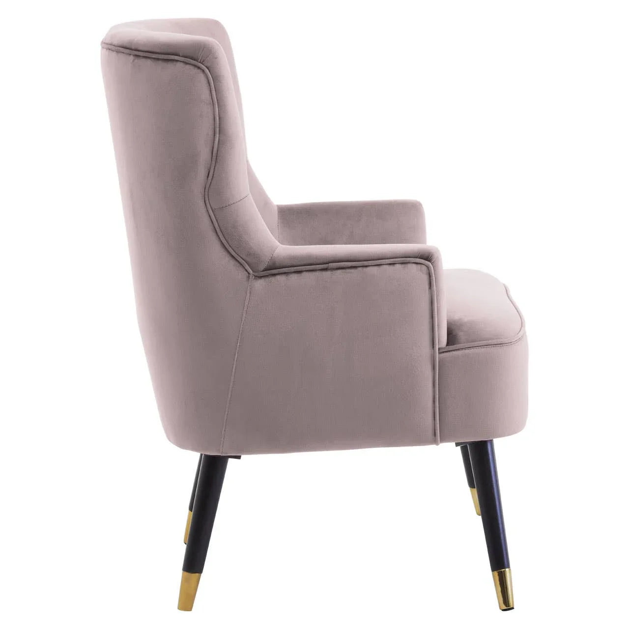 Side view of mauve velvet armchair with gold-tipped black legs, modern accent chair