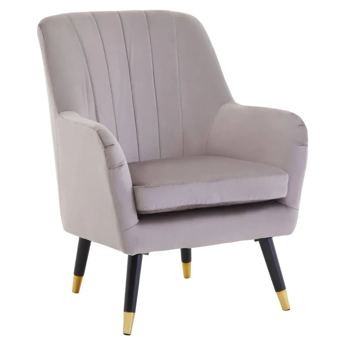 Grey fabric accent chair with vertical stitched back and black legs with gold tips