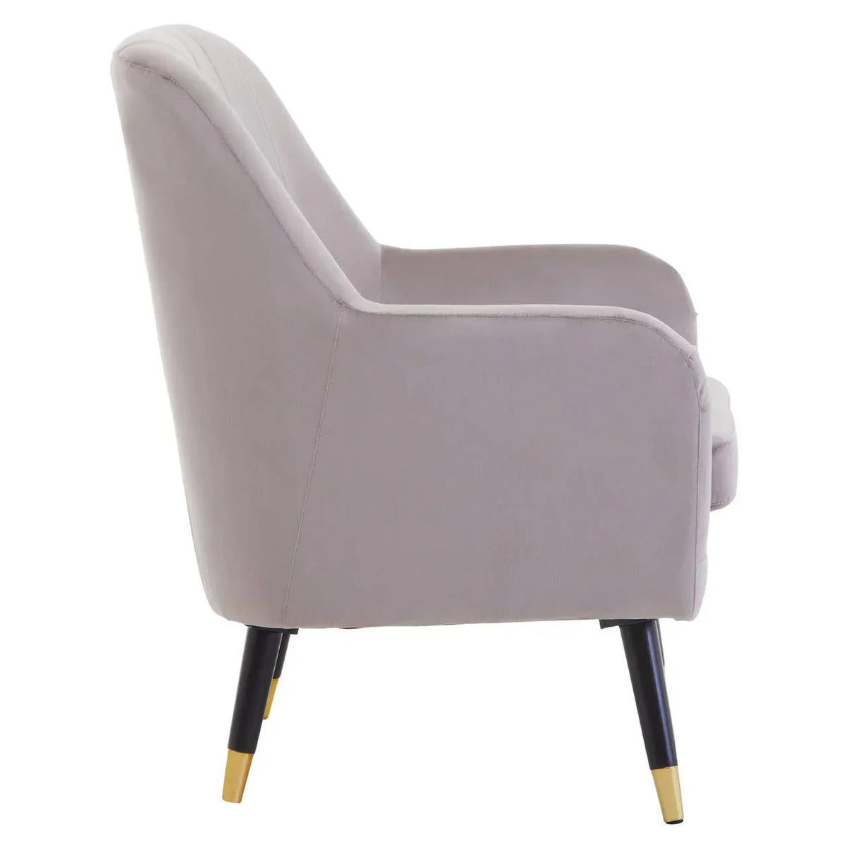 Side view of grey accent chair with tapered black and gold legs
