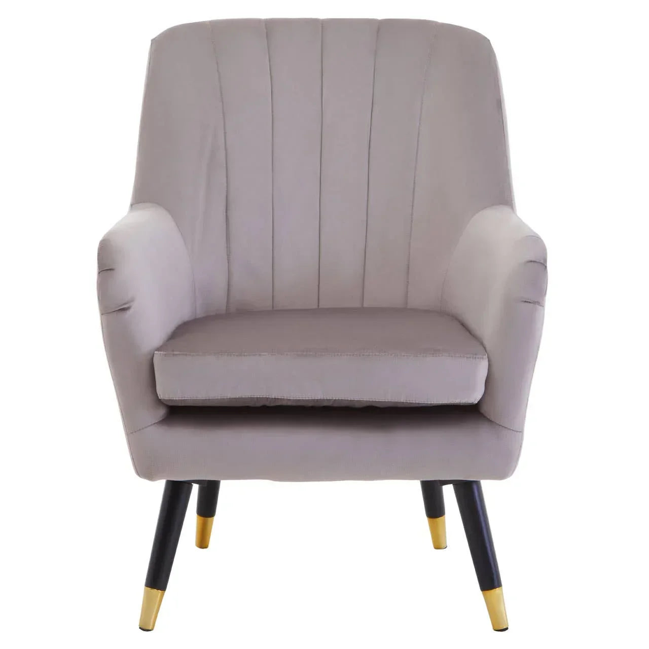 Light grey accent chair with padded seat, vertical stitching, black legs, gold tips