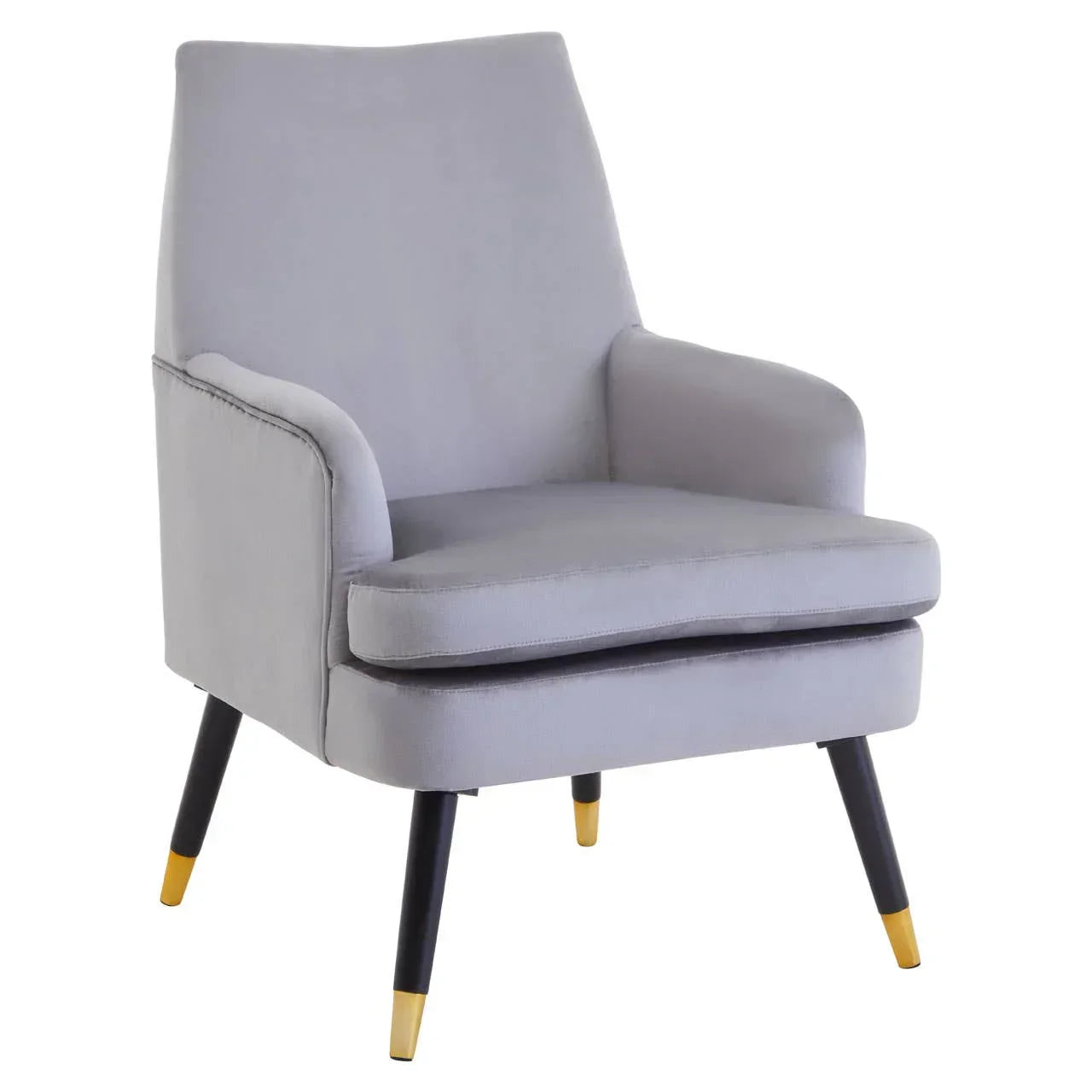 Light grey accent chair with cushioned seat and gold-tipped black wooden legs