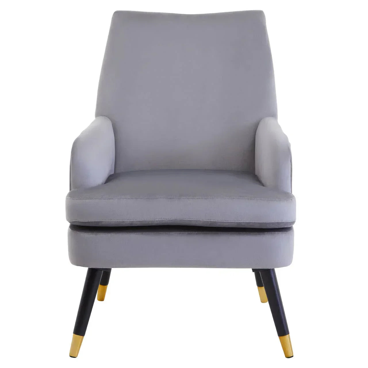 Grey fabric accent chair with padded seat and gold-tipped black legs, front view