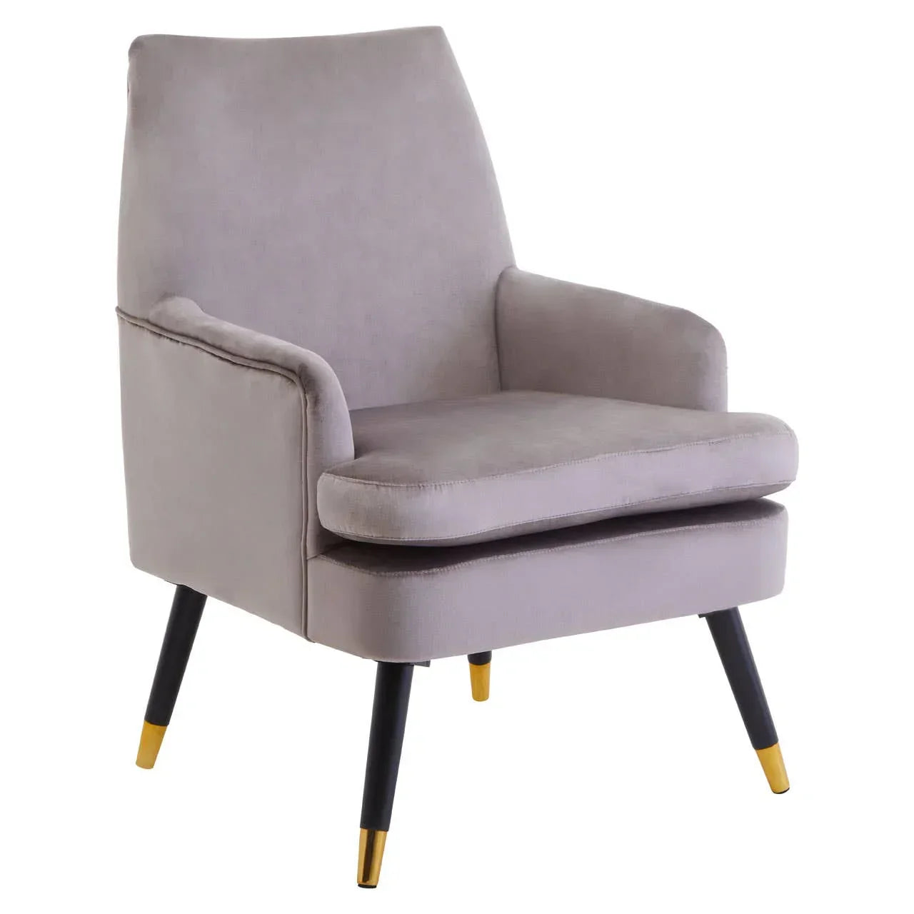 Light grey armchair with padded seat and gold-tipped black legs, front angle view