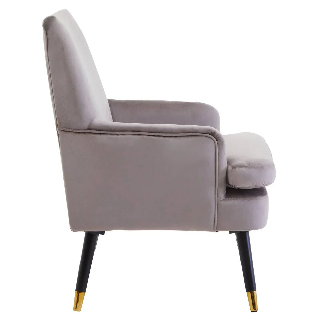 Side view grey velvet armchair with black legs and brass tips