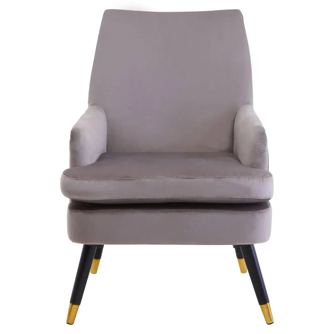 Grey accent armchair with cushioned seat and gold tipped black legs, front view