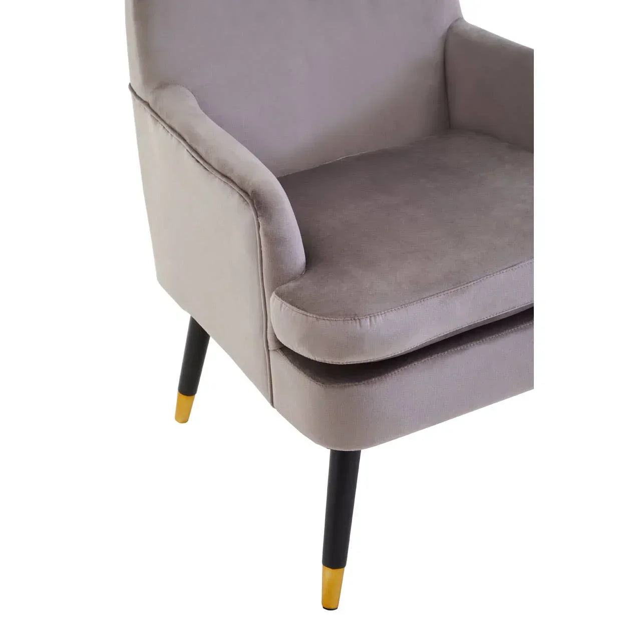 Grey fabric armchair with padded seat and black legs featuring gold tips