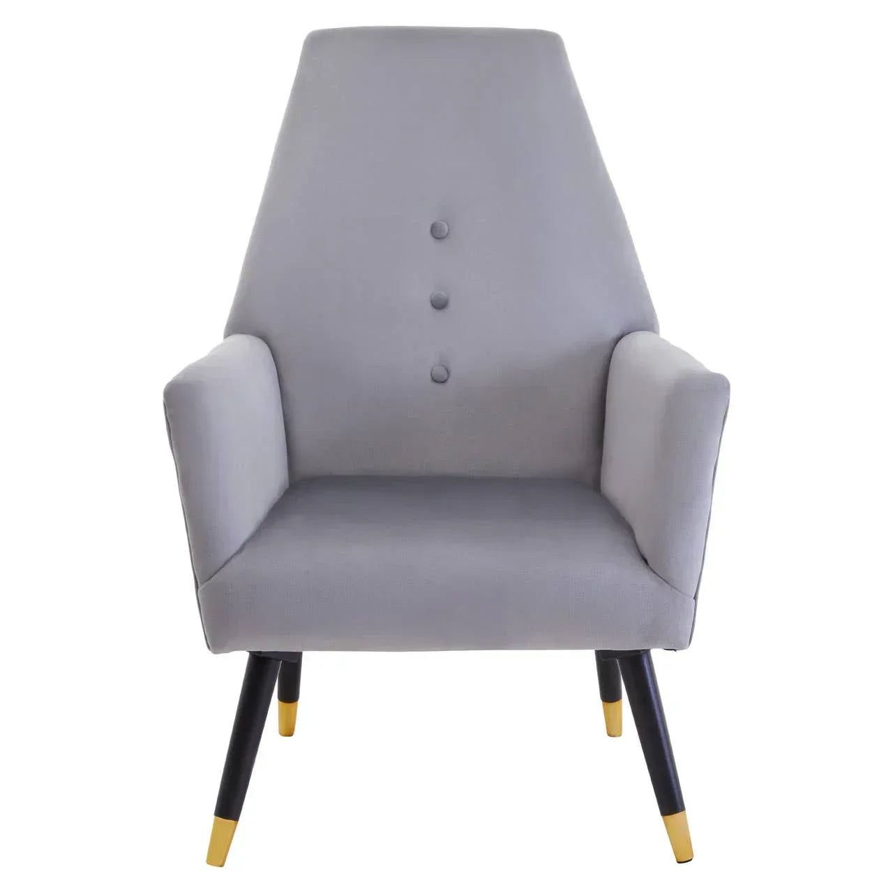 Grey armchair with high backrest, button detail, black legs and gold metal tips
