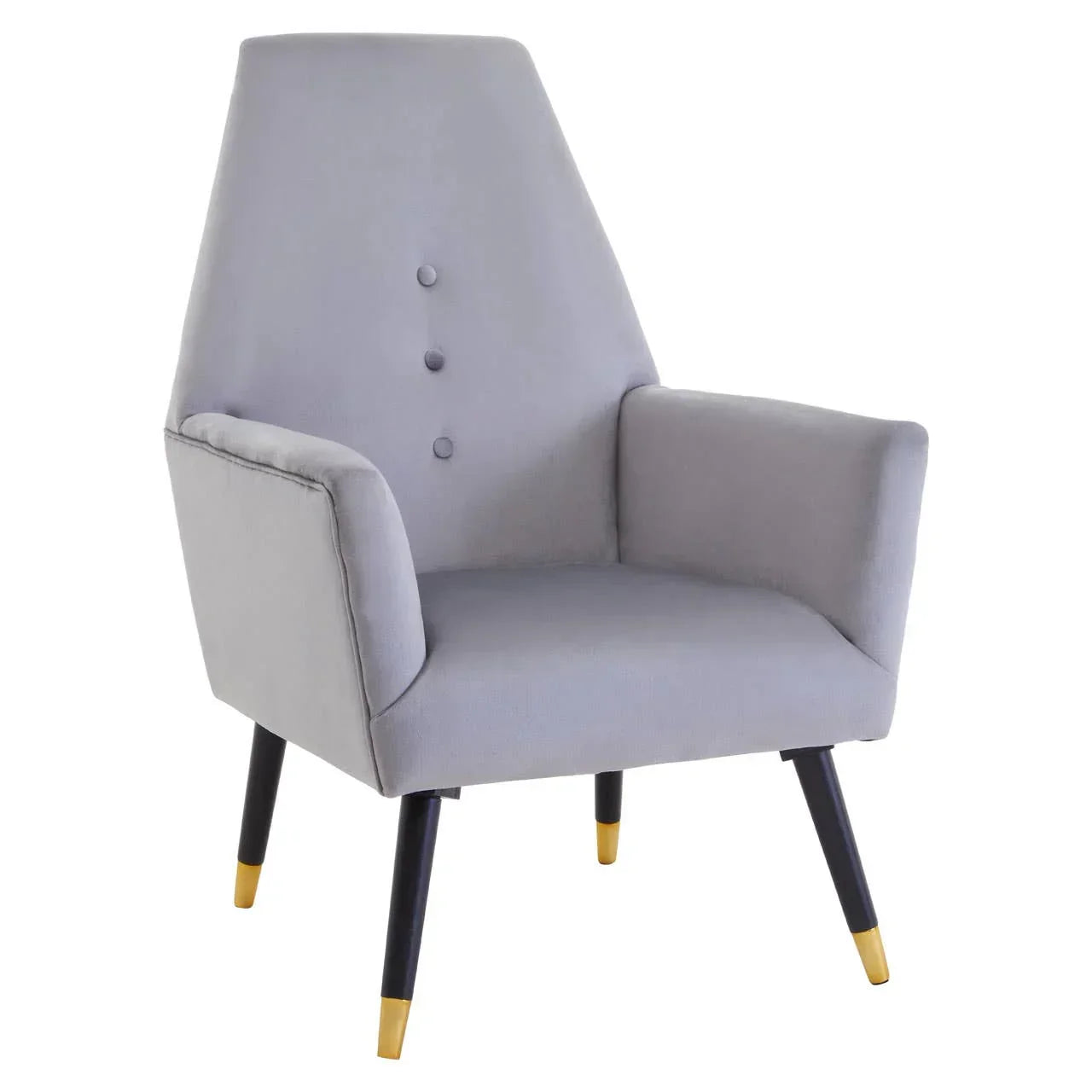 Grey accent chair with high back, button detail, and black legs with gold tips