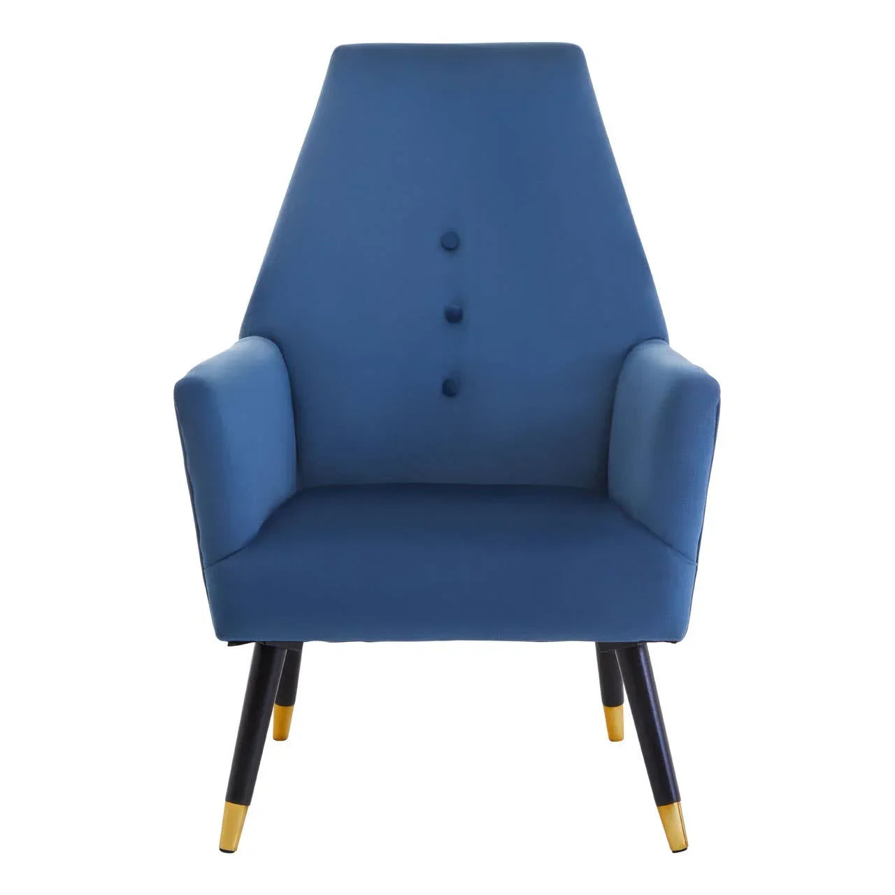 Blue upholstered accent chair with angled backrest and gold-tipped wooden legs