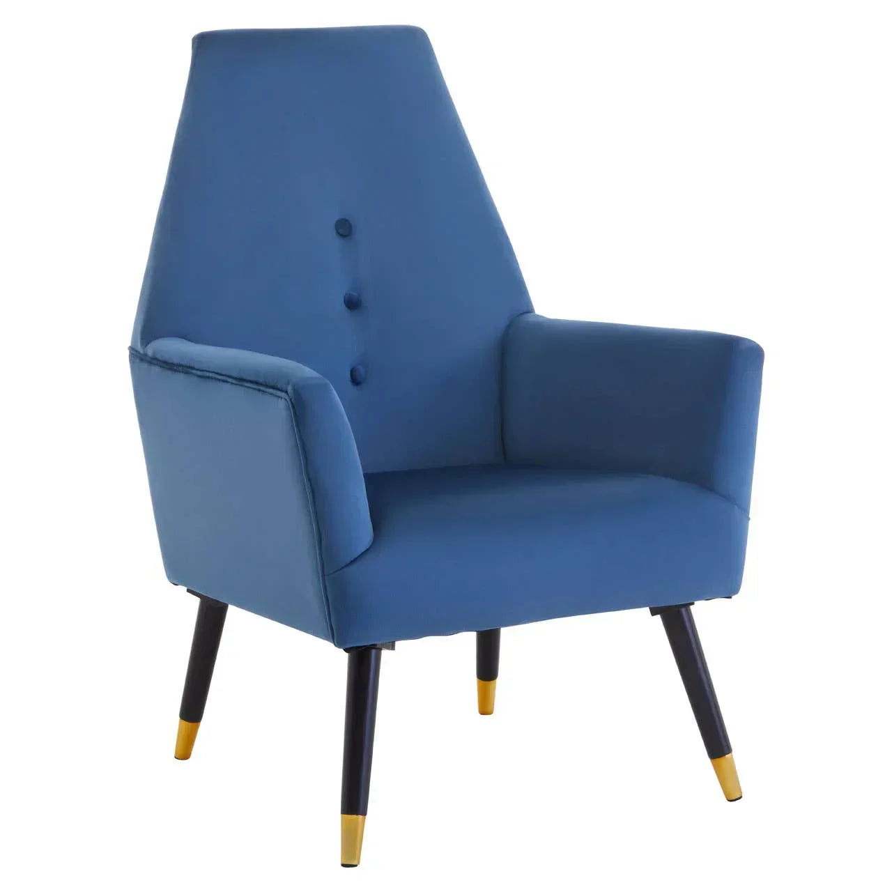 Blue accent chair with angled back, three button detail, and gold-tipped black legs