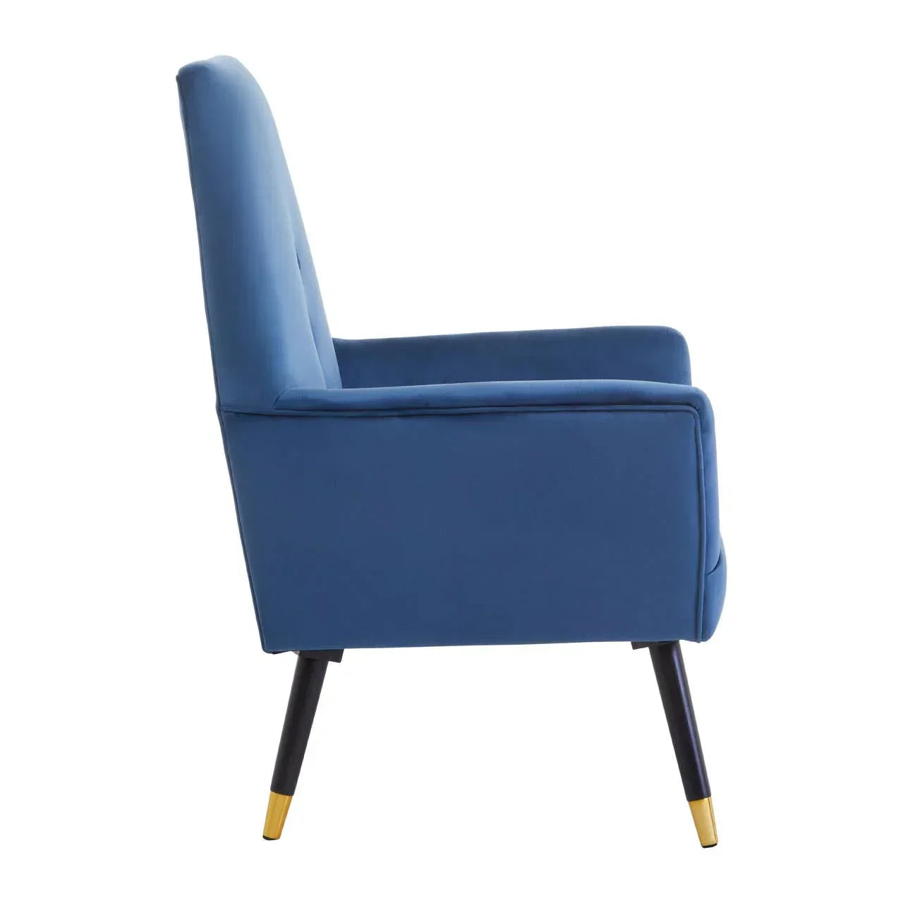 Blue accent chair with high backrest, angled black legs and gold tips, side view