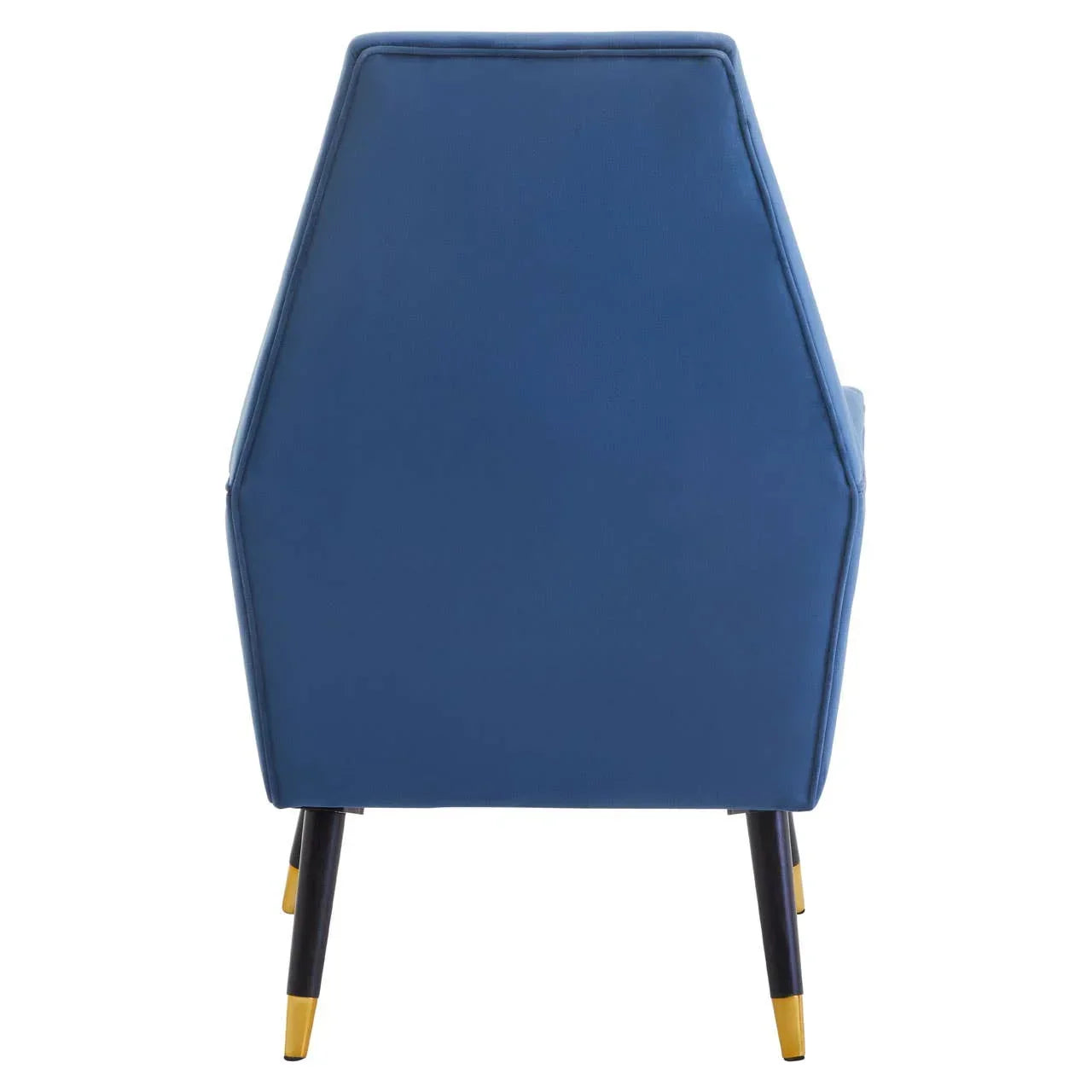 Back view of blue accent chair with tapered black and gold legs