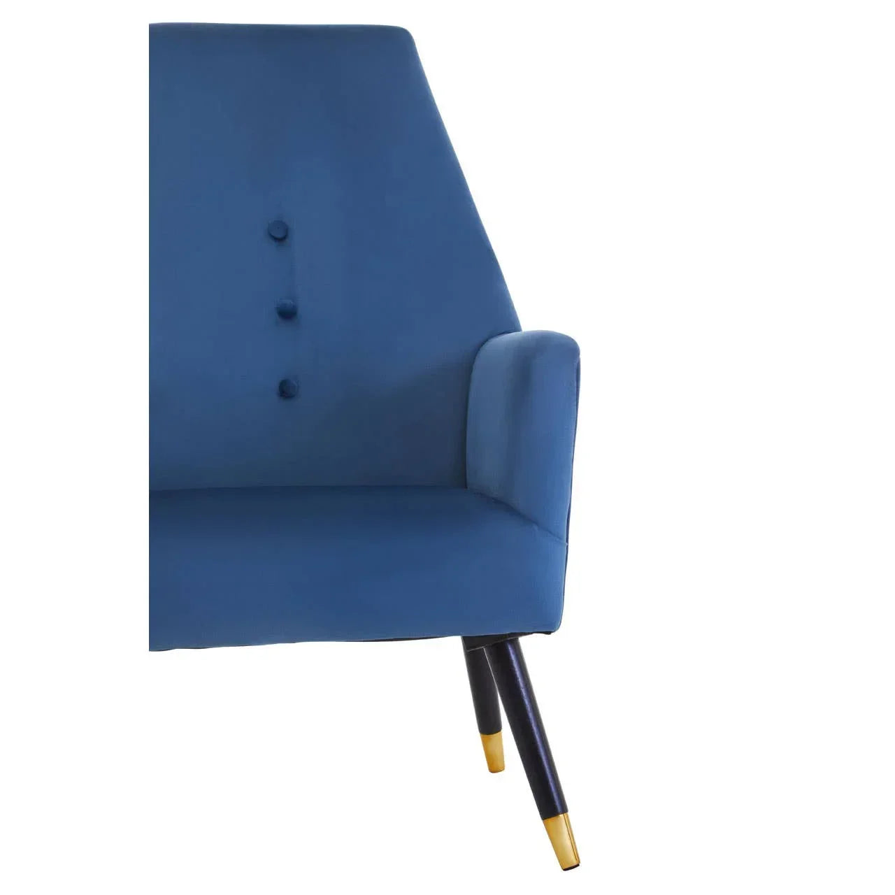 Blue accent chair with button tufted backrest and gold-tipped wooden legs on white background