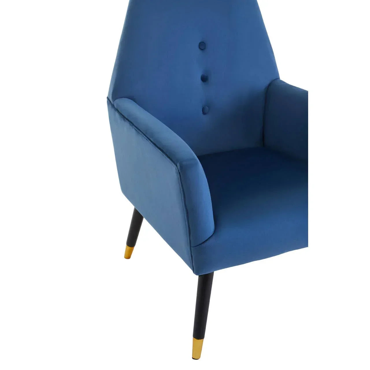 Blue fabric accent chair with black and gold tapered legs and button backrest detail