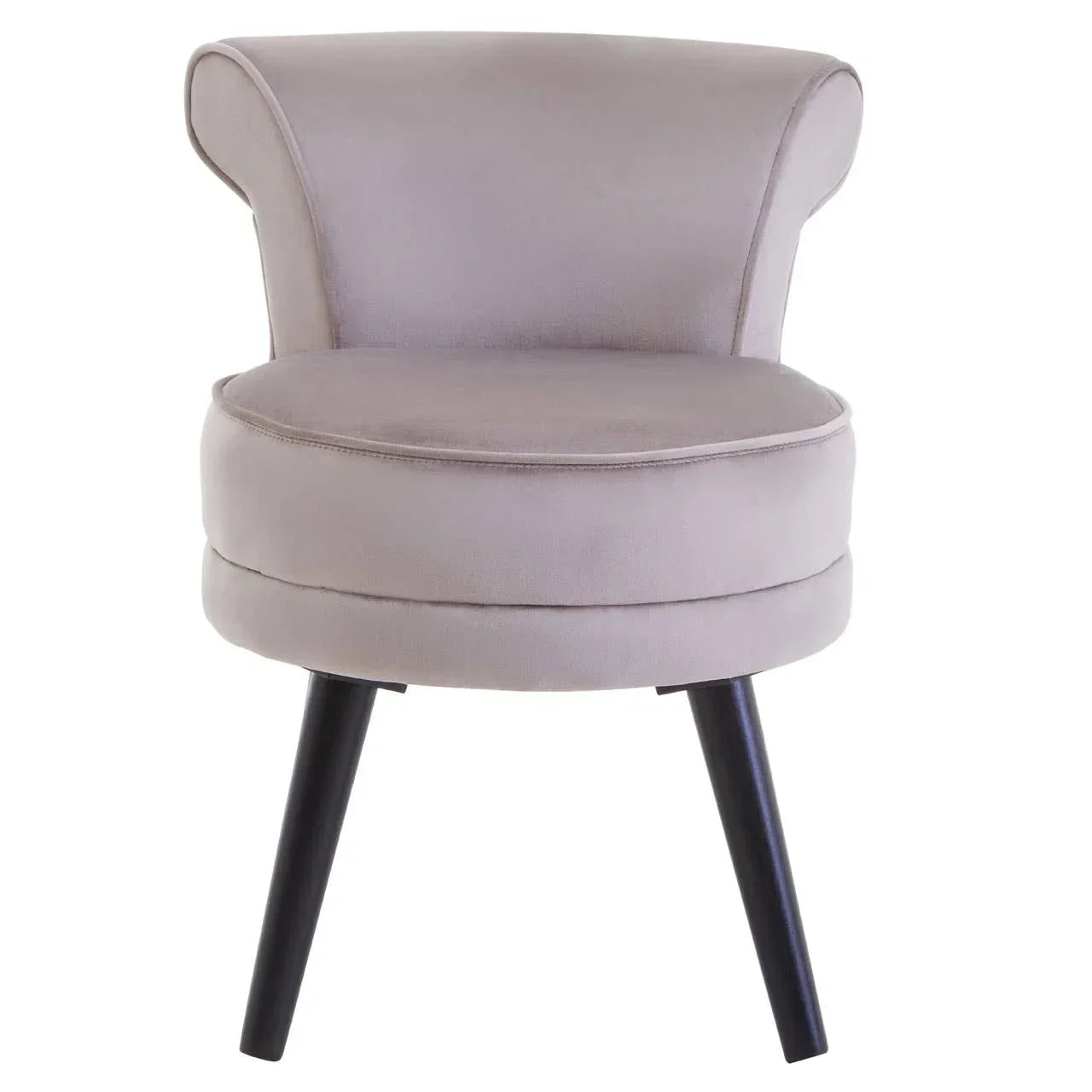 Beige accent chair with curved backrest and dark wooden legs, front view