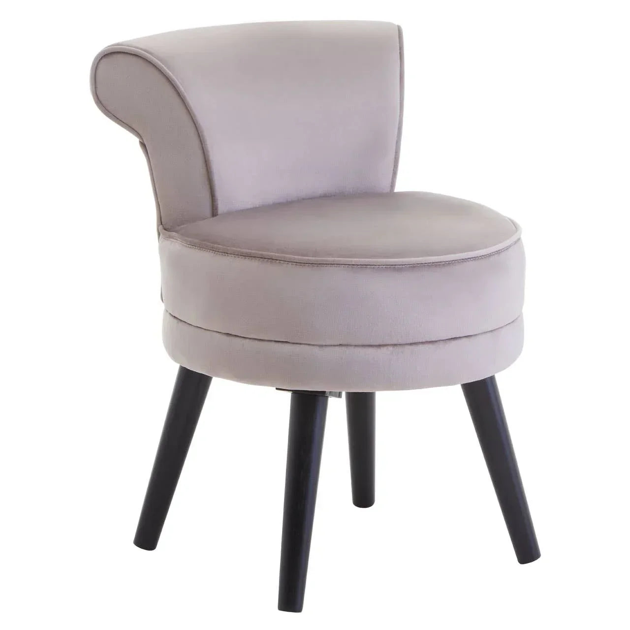 Light grey velvet accent chair with curved backrest and black wooden legs