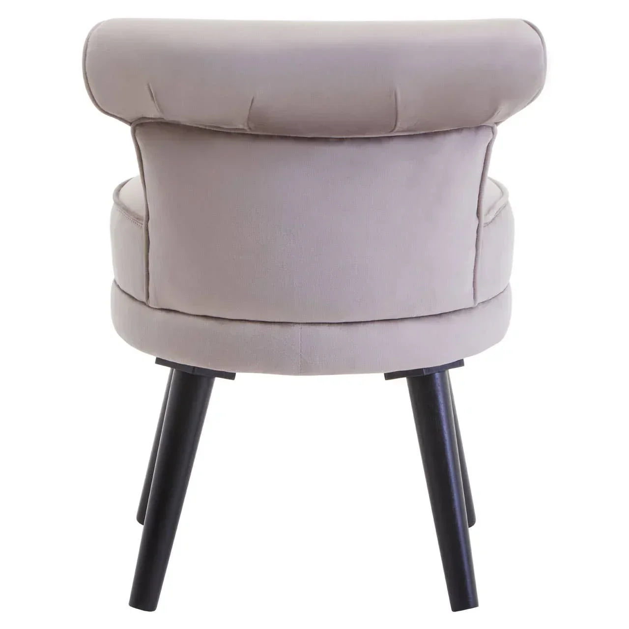 Beige upholstered accent chair rear view with black wooden legs