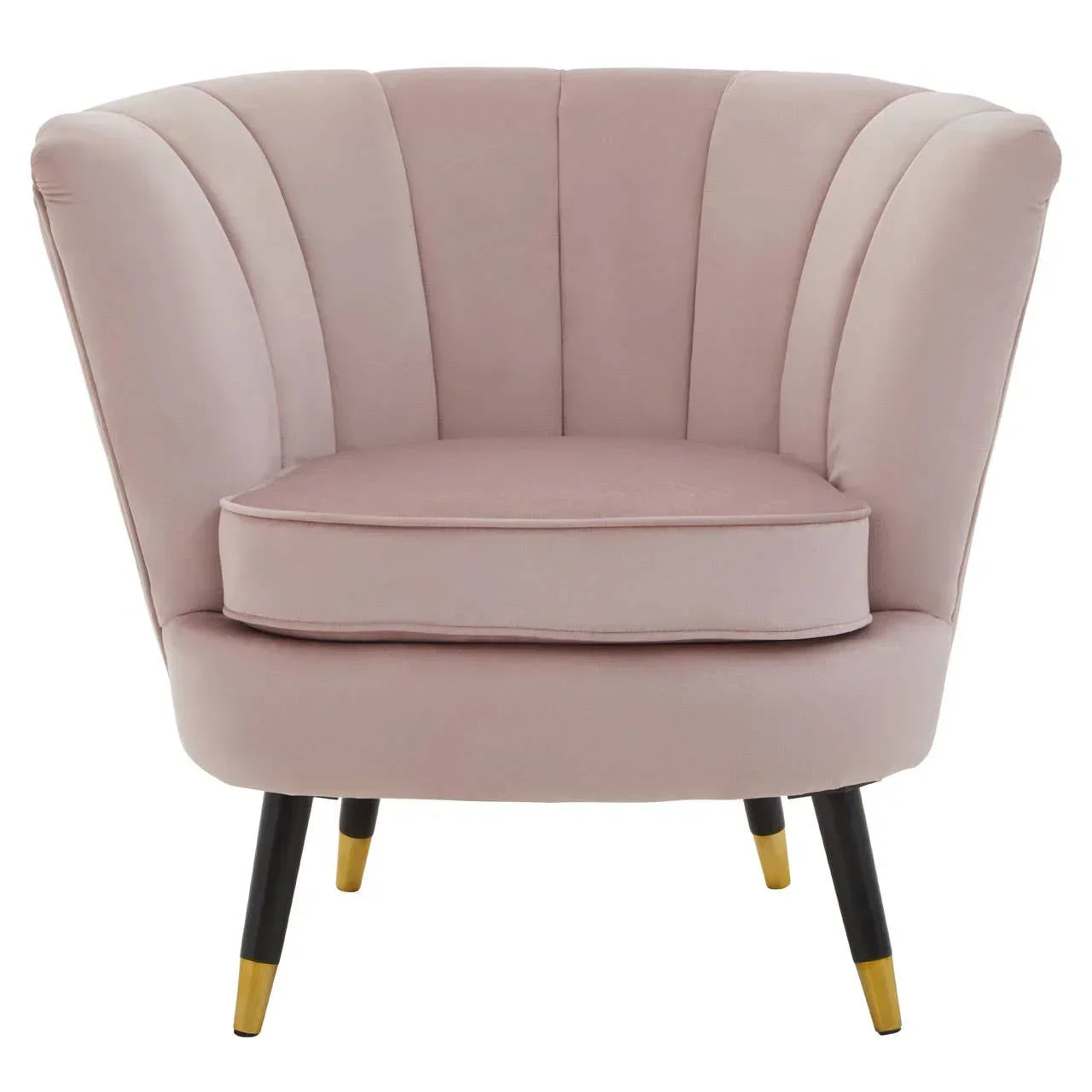 Blush pink velvet accent chair with scalloped backrest and gold-tipped black legs, front view