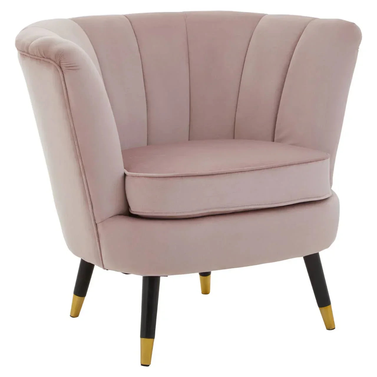 Blush pink velvet accent chair with scalloped backrest and gold-tipped black legs