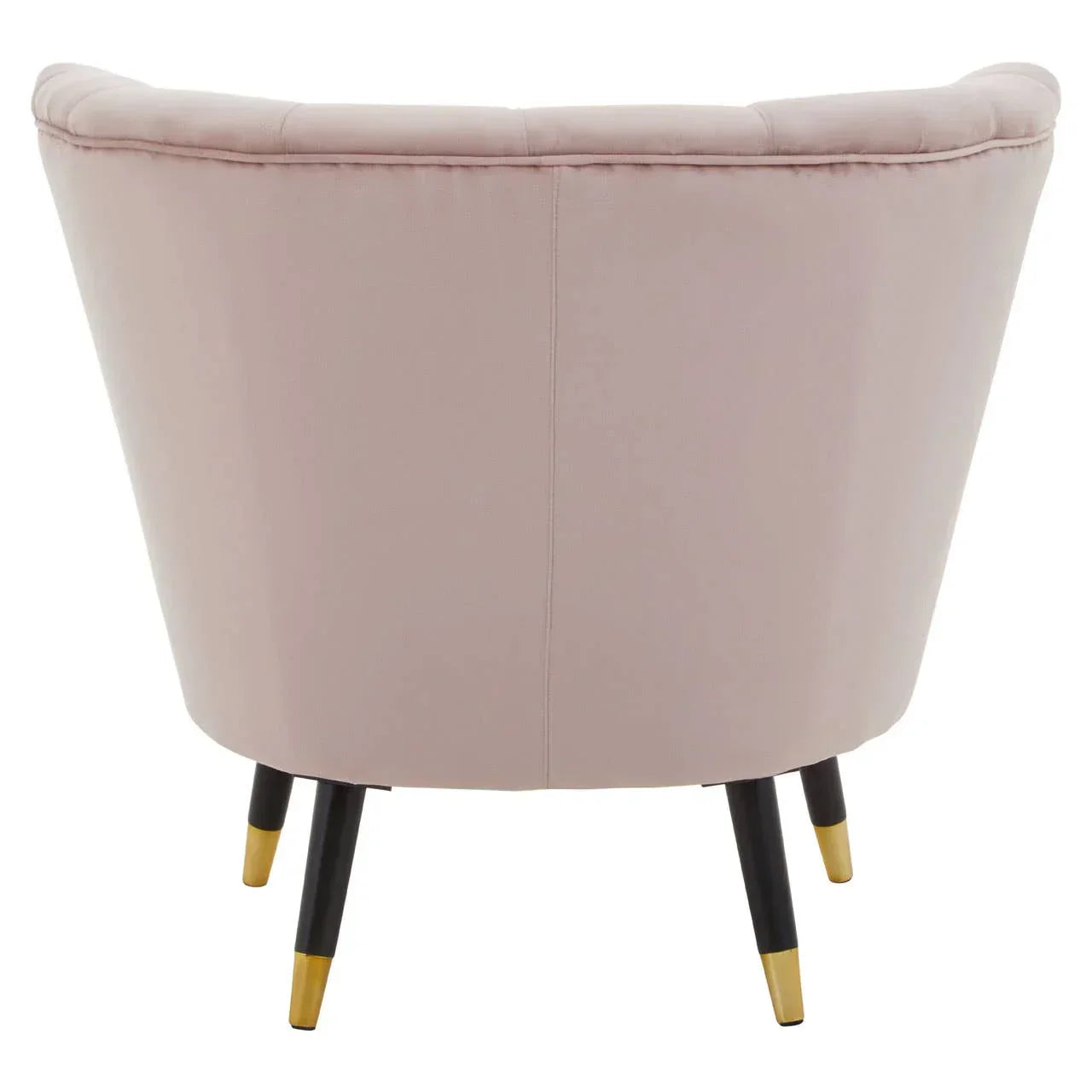 Back view of blush pink accent chair with black legs and gold tips