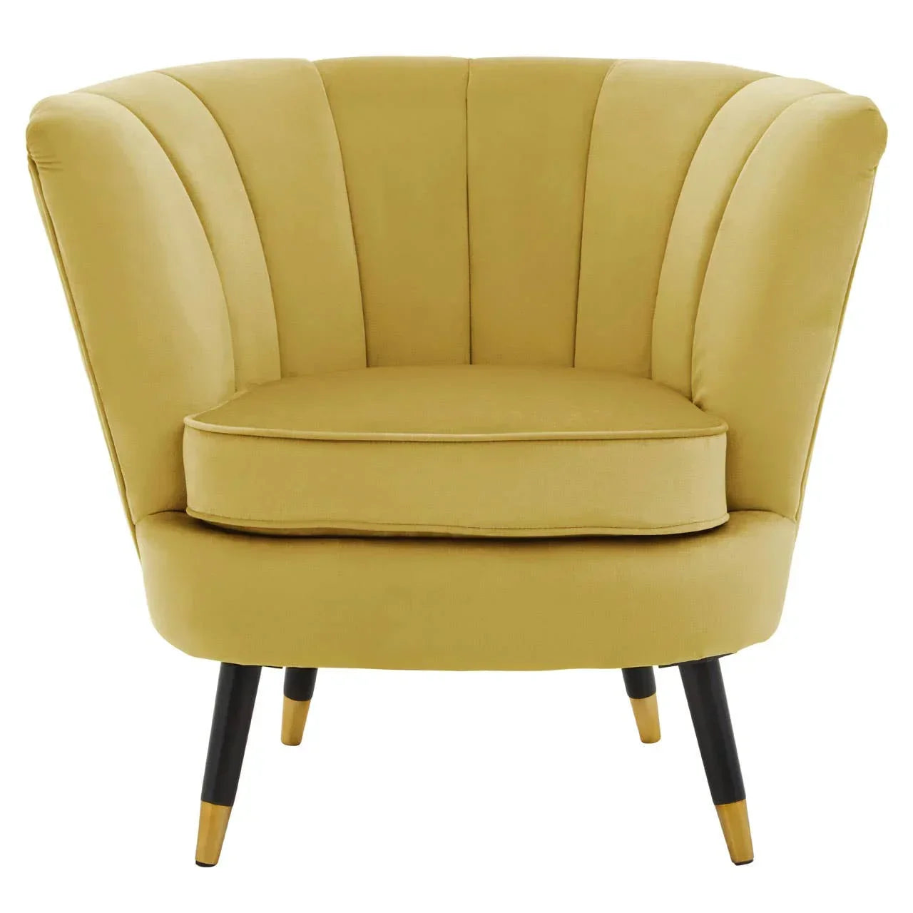 Yellow accent chair with scalloped backrest and black legs, gold metal tips, front view