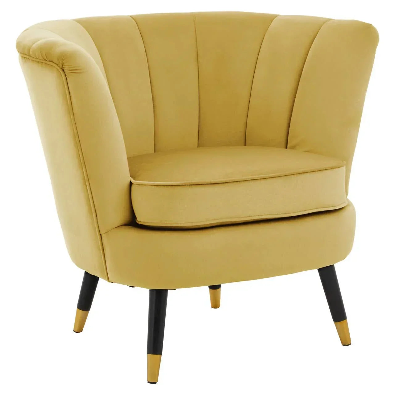 Yellow velvet accent chair with fluted back and black tapered legs with gold tips
