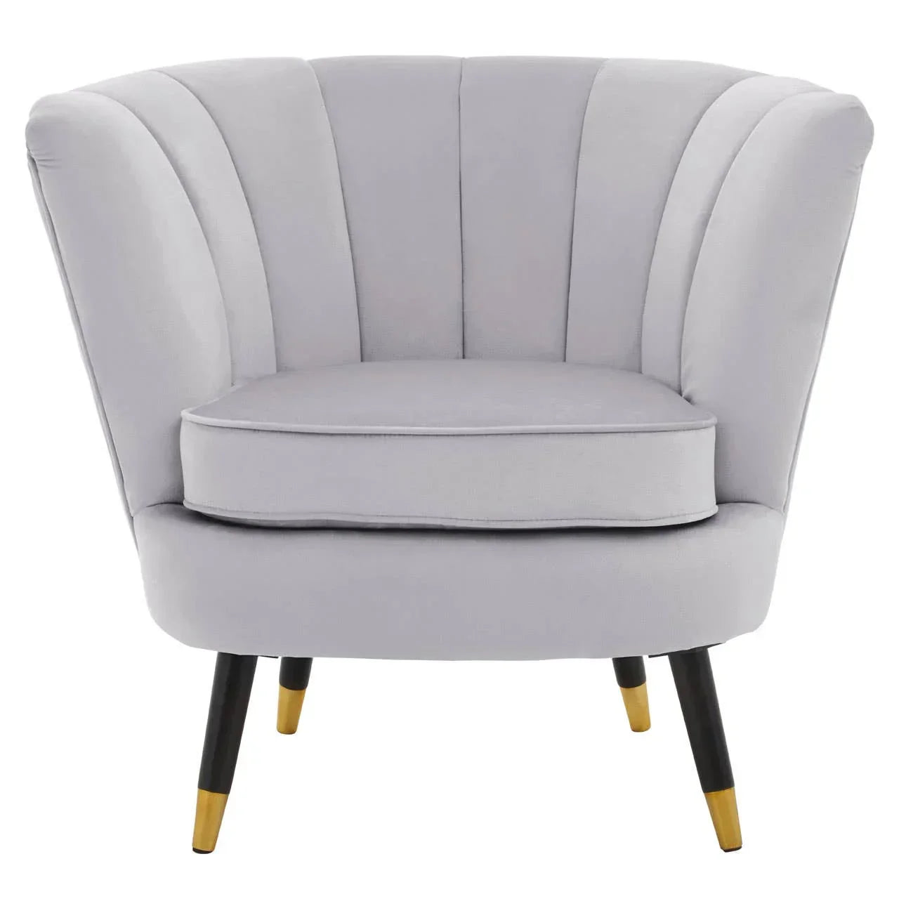 Light grey accent chair with fluted backrest and gold-tipped black legs, front view