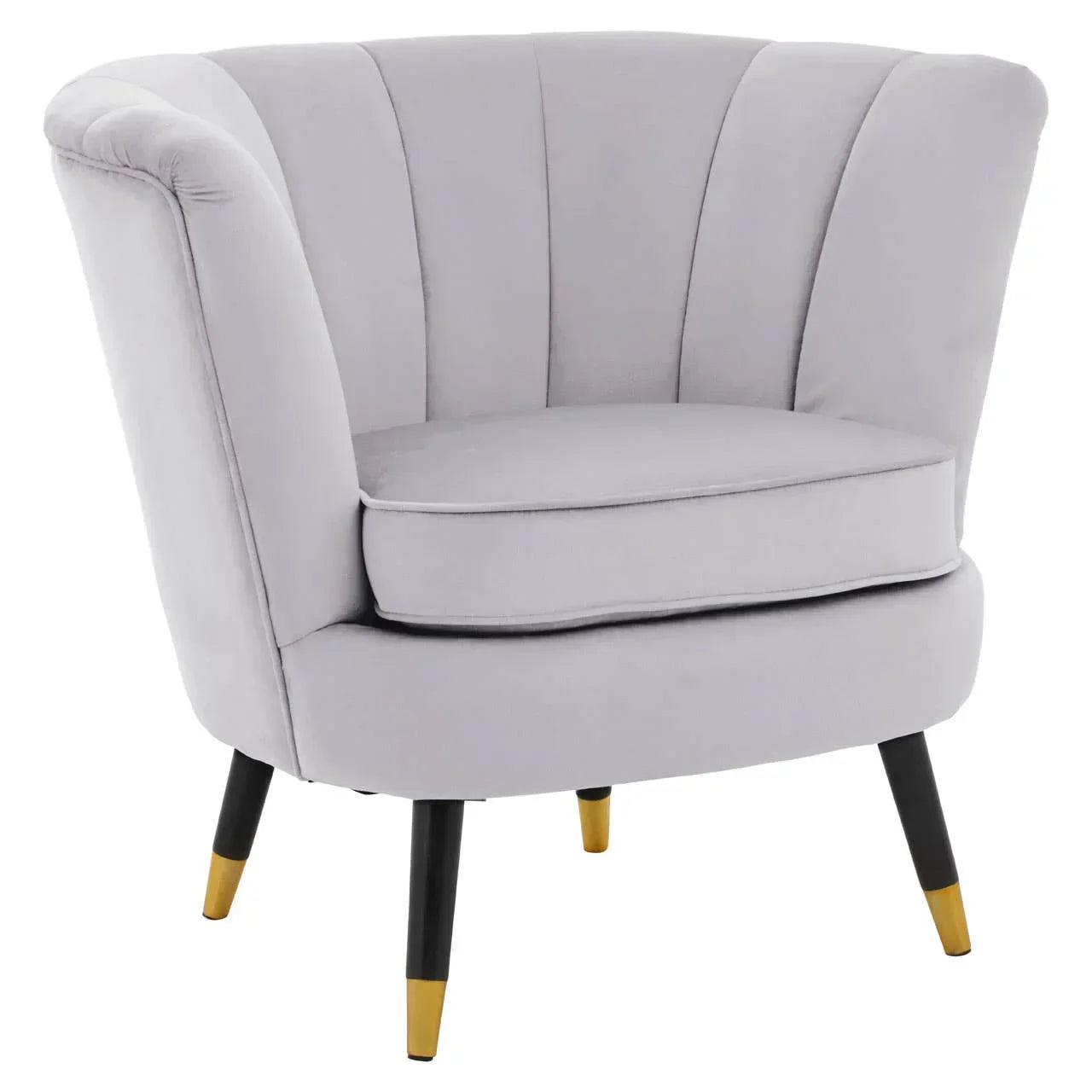 Light grey velvet accent chair with fluted backrest and gold-tipped black legs
