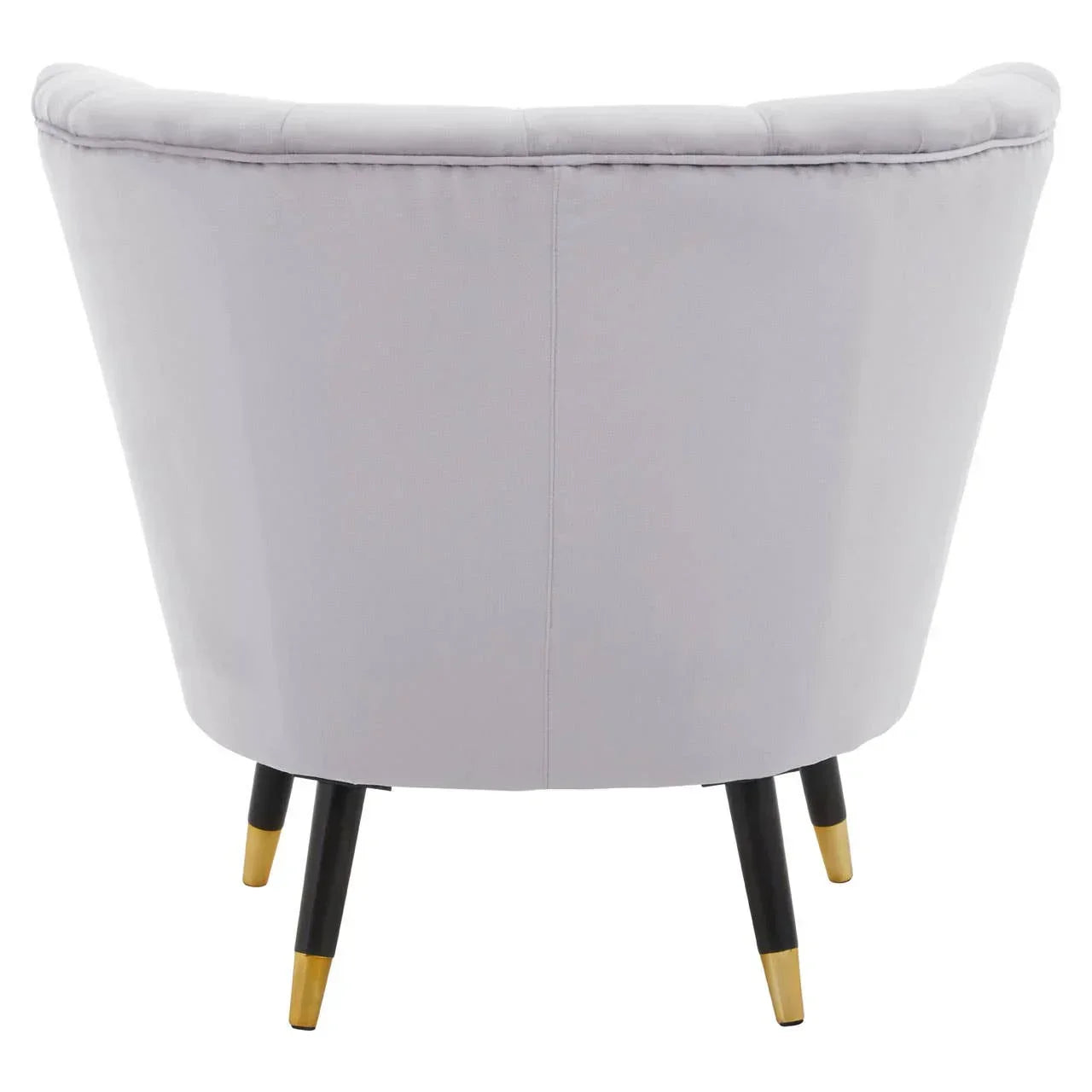 Back view of grey accent chair with black legs and gold tips