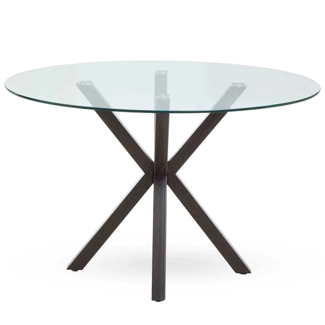 Round glass dining table with wooden cross base on white background