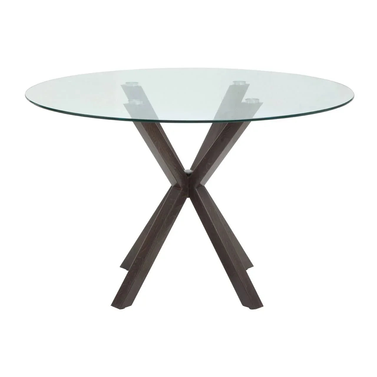 Round glass dining table with clear top and crossed wooden legs