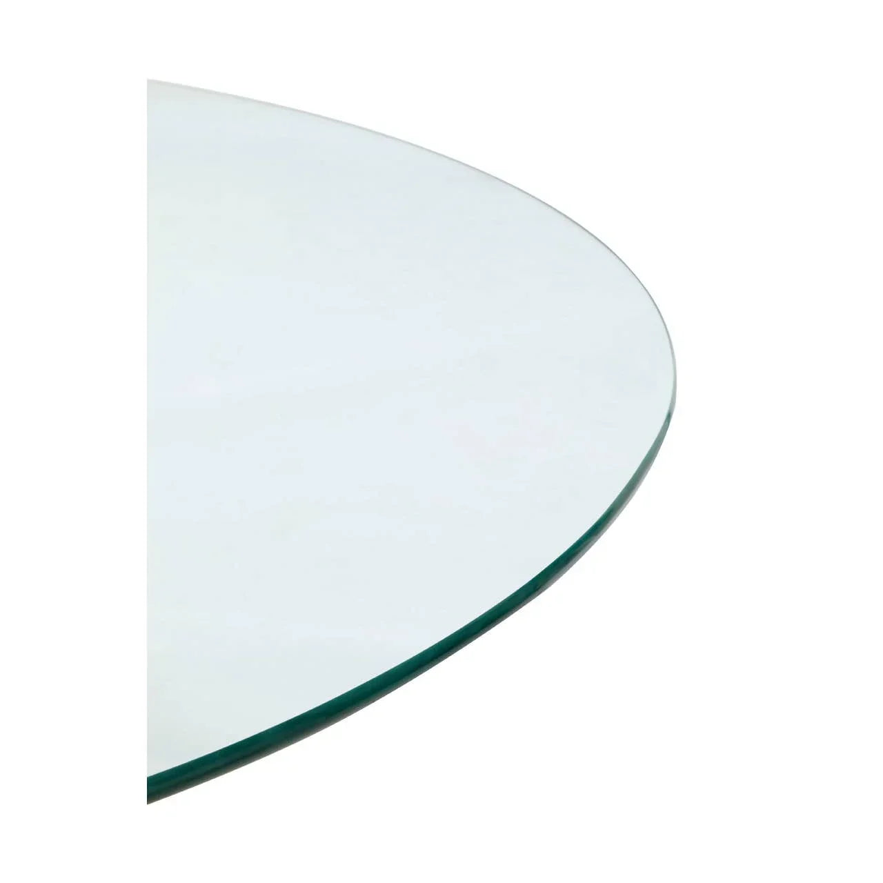 Round glass table top with polished edge, close up view
