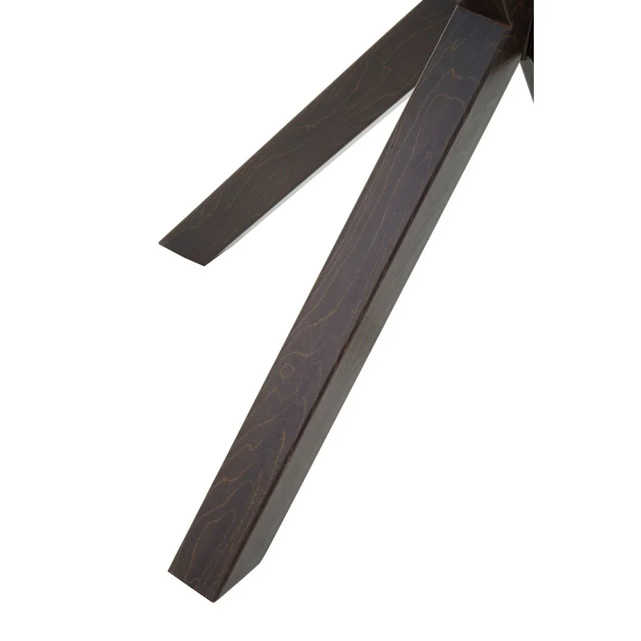 Dark wood dining table leg with visible grain and angled design