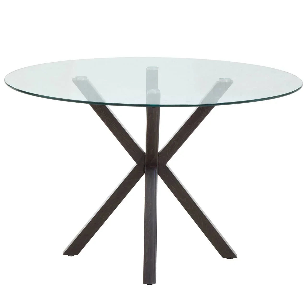Round glass dining table with dark wood crossed legs