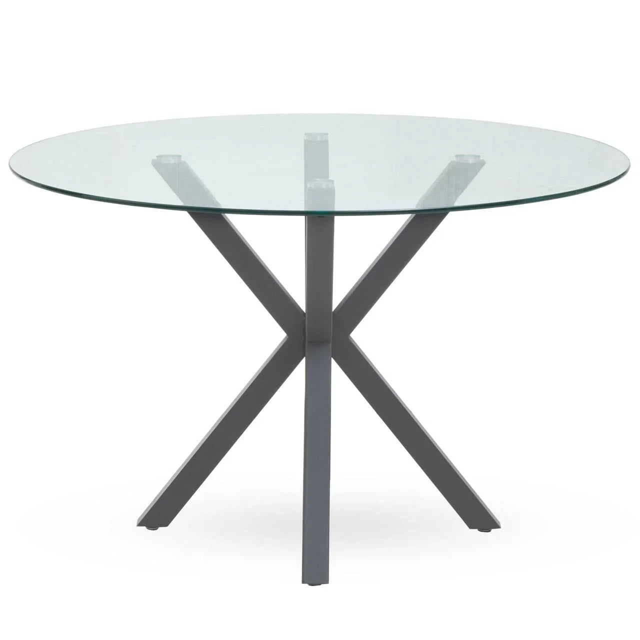 Round glass dining table with metal cross base on white background