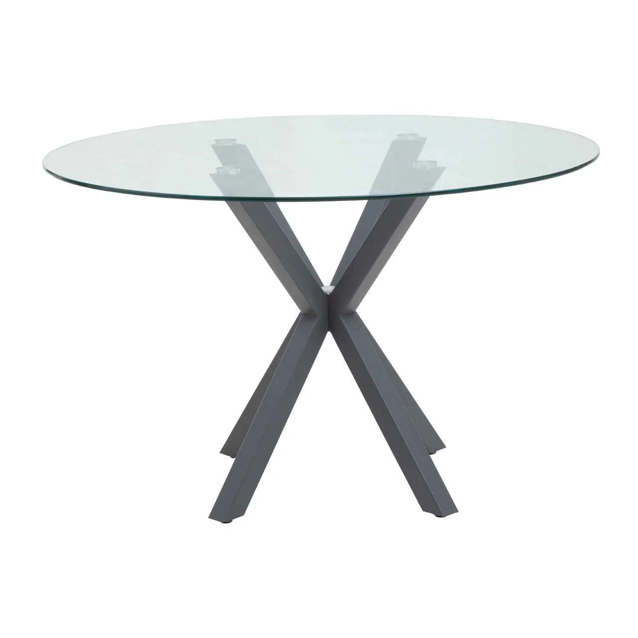 Round glass dining table with black metal cross base