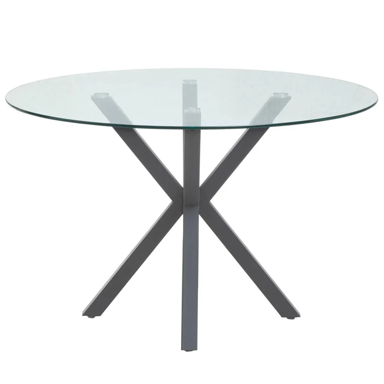 Round glass dining table with metal cross base, modern design, shown from front angle