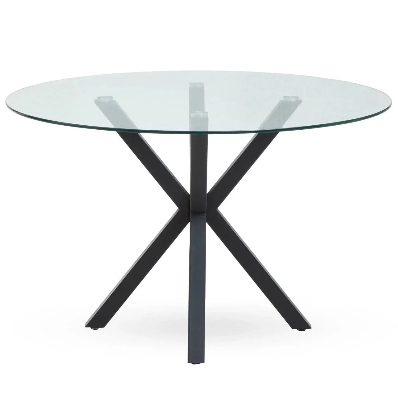 Round glass dining table with black metal crossed legs