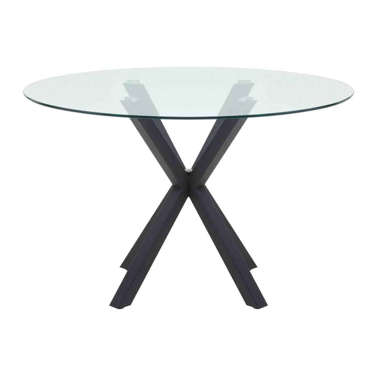 Round glass dining table with black crossed metal legs, modern minimalist design
