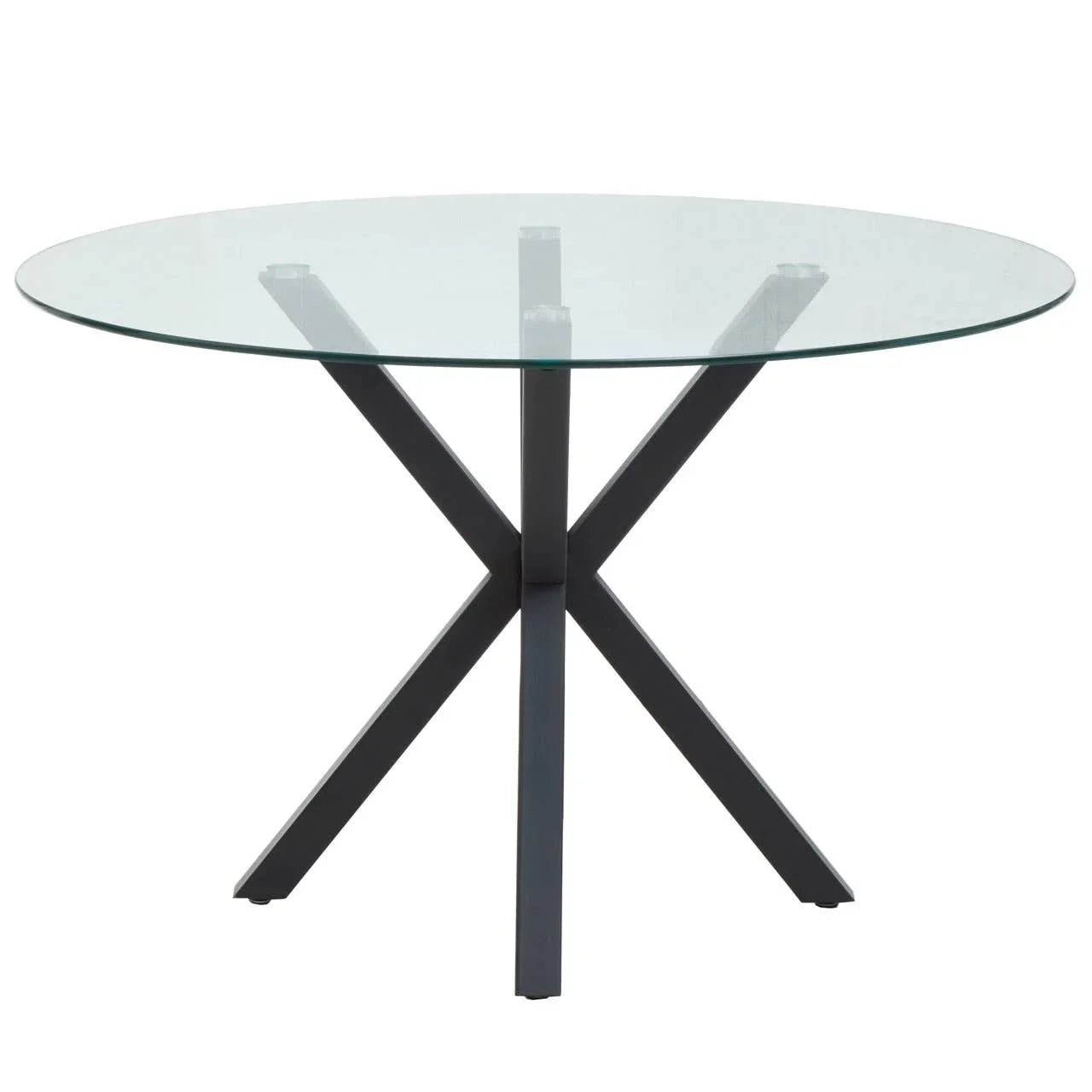 Round glass dining table with black crossed metal legs