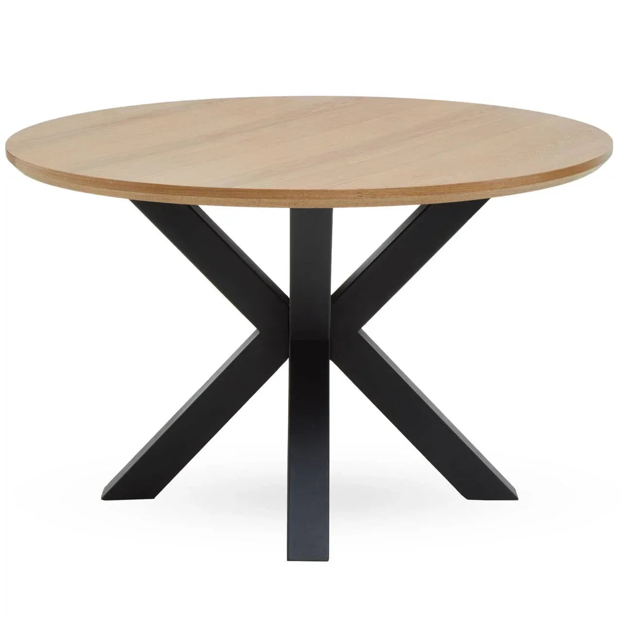 Round dining table with light wood top and black metal cross-leg base
