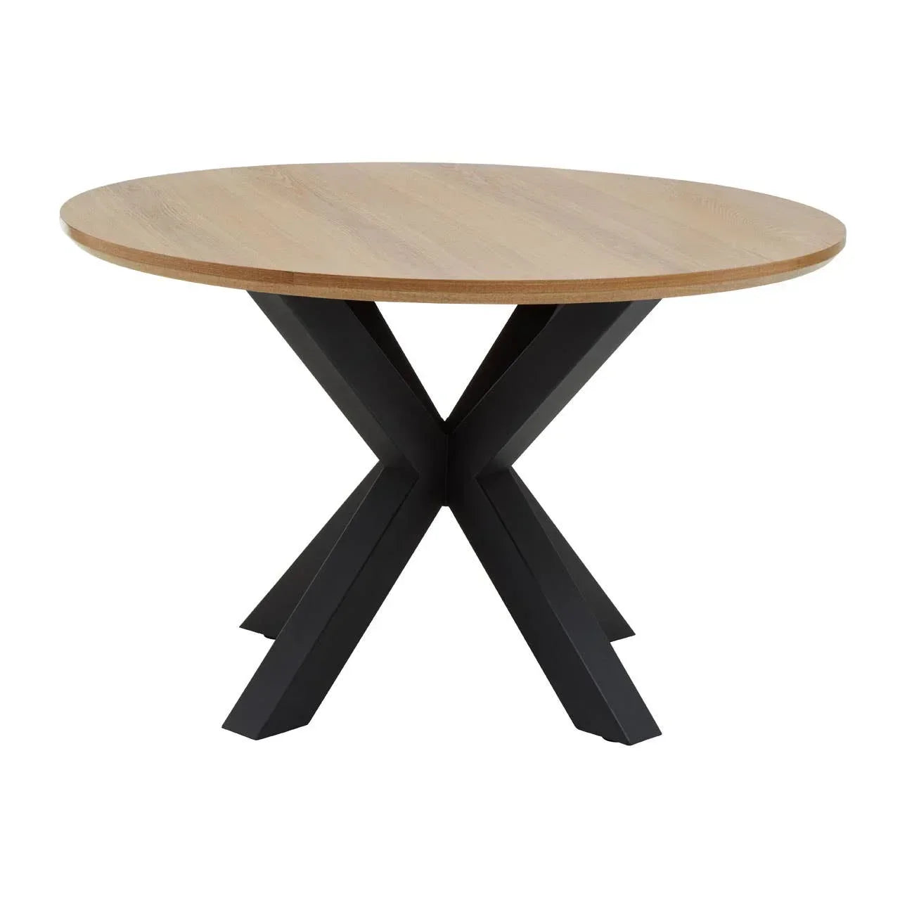 Round oak dining table with black crossed metal legs, shown against a white background