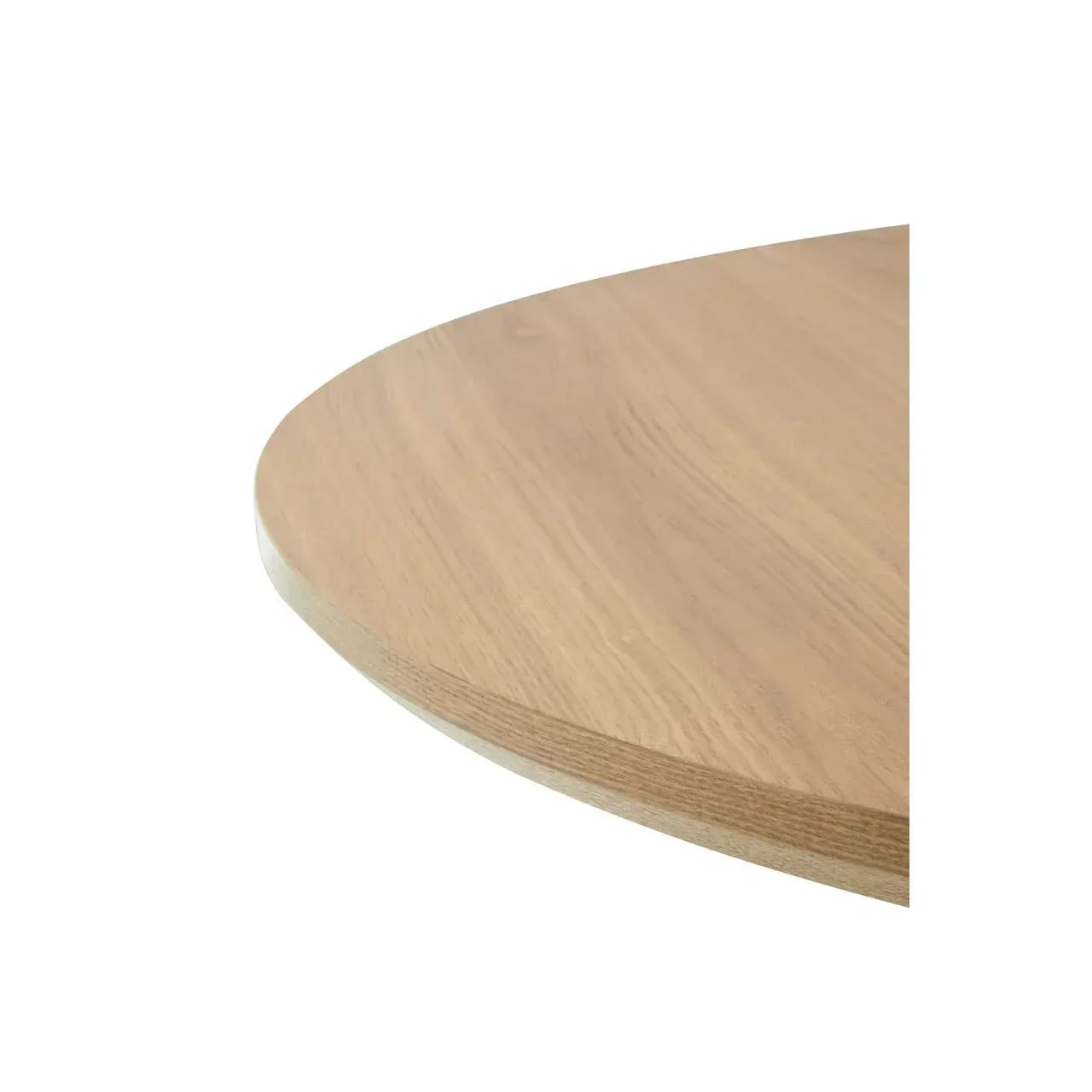Closeup of oak dining table edge showing wood grain and smooth rounded finish