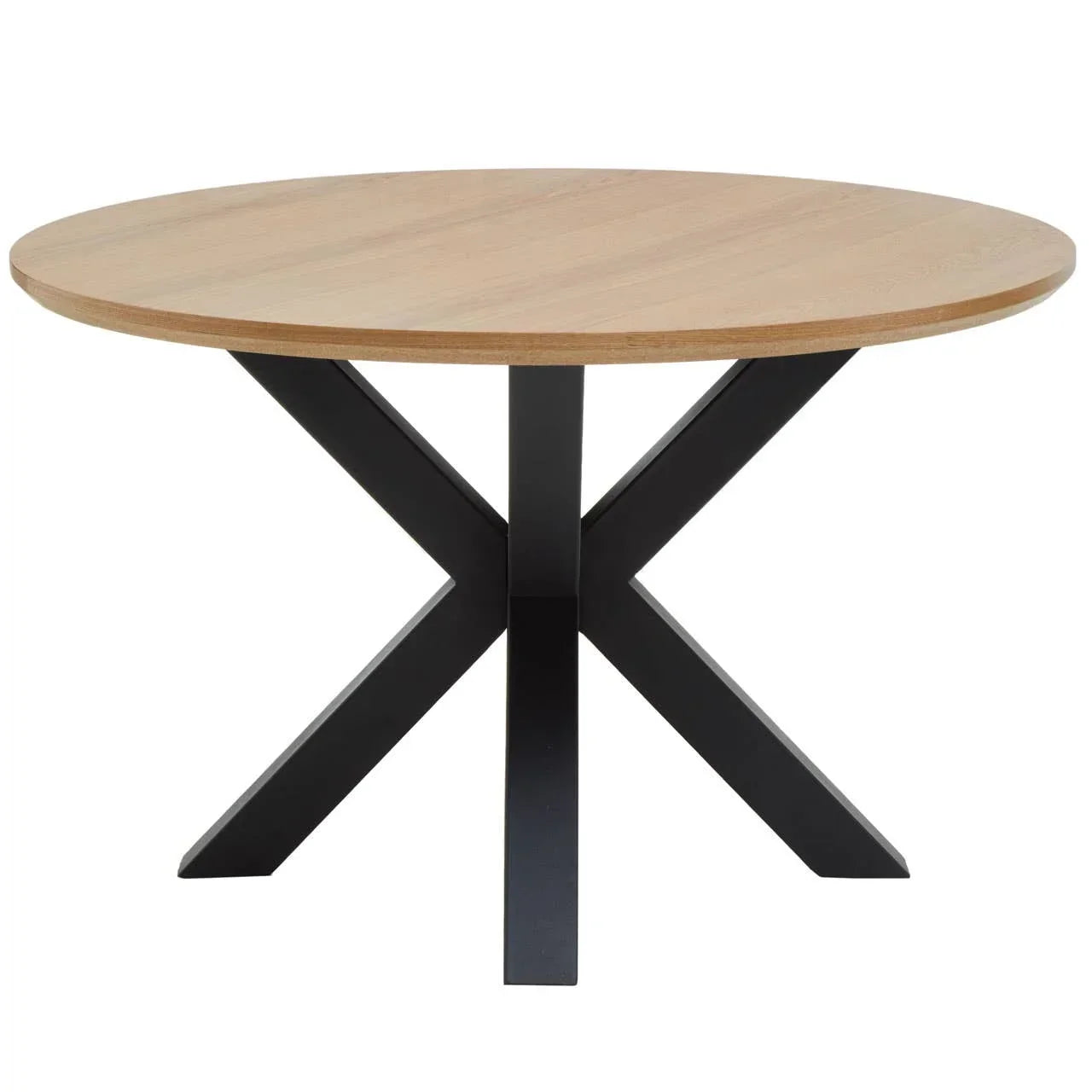 Round oak dining table with black metal cross legs